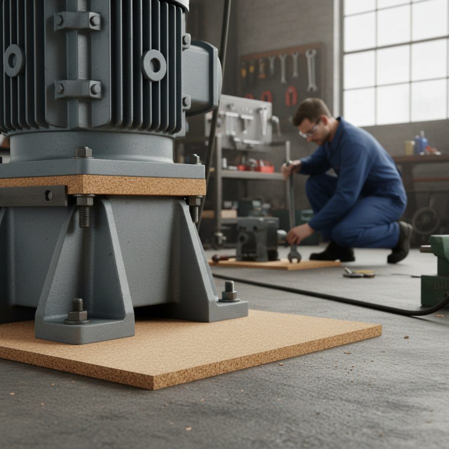 Premium Non-Adhesive Cork Sheets - 4 Pack, 610mm x 450mm, 20mm Thick for Wall Coverings and Pinboards, shown dampening vibrations under a heavy motor in an industrial workshop setting. Ideal for soundproofing and acoustic insulation.