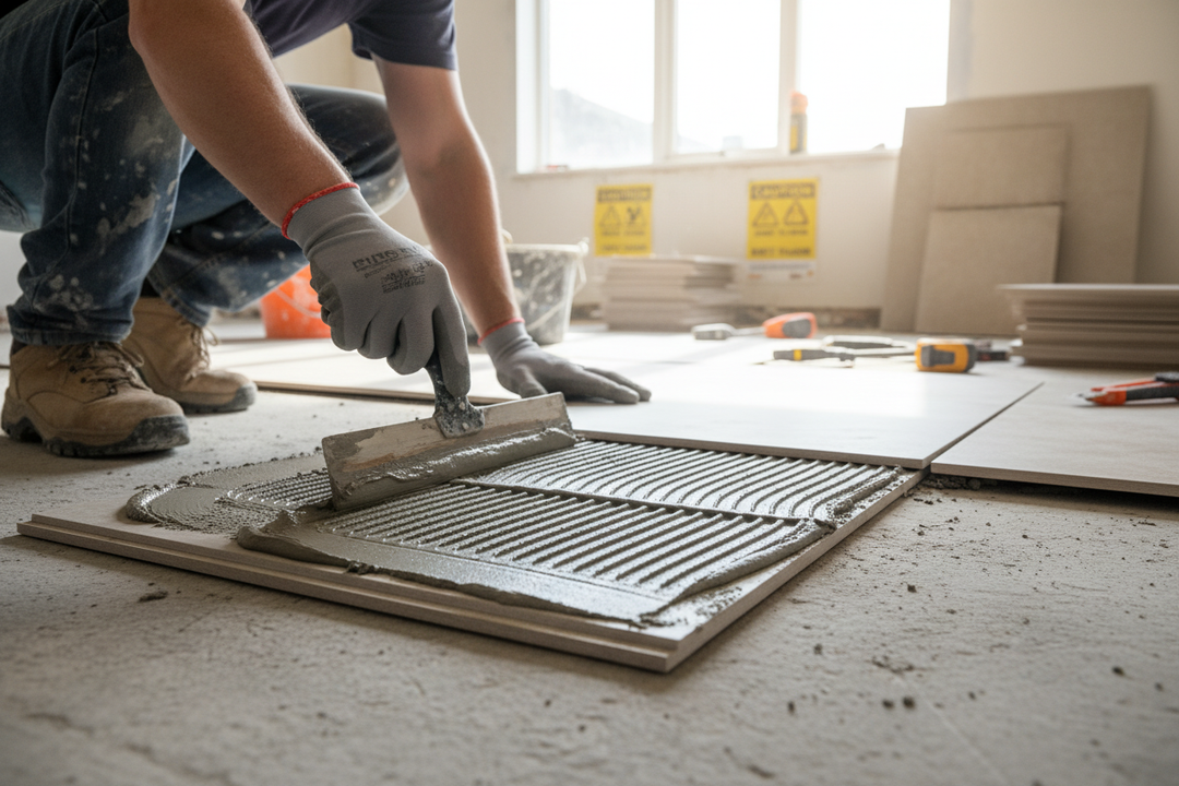 Tradesperson applies thinset using a notched trowel during floor tiling. Nearby, Premium Fibre Cement Construction Board 1200mm x 600mm x 18mm with tongue and groove edges, ideal for soundproofing and acoustic insulation.