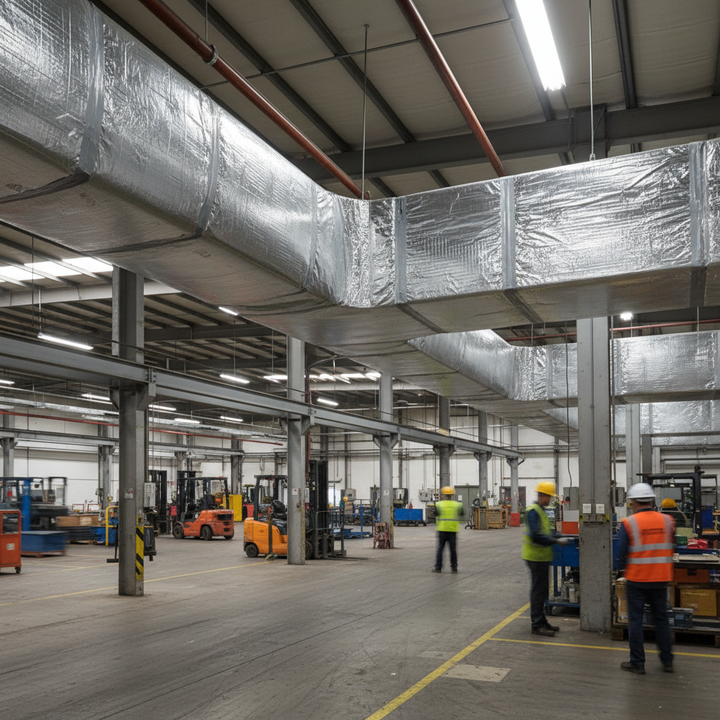 High-Performance Acoustic Lagging Solution, an advanced soundproofing material, is seen enhancing noise reduction and sound insulation in an industrial setting, highlighting its Class 0 fire-rated safety and versatility.