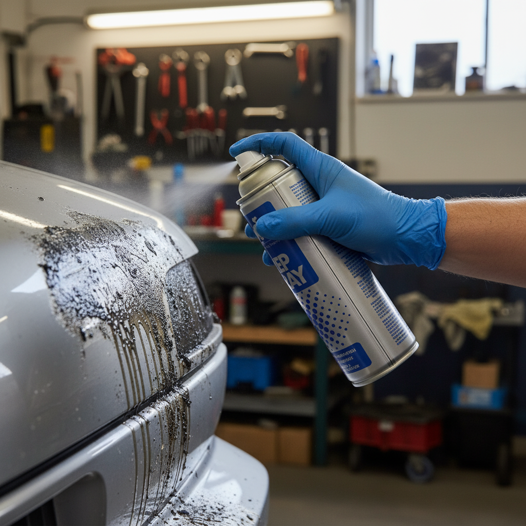 Professional 500ml Panel Preparation Spray being applied to a vehicle's oily rear bumper, ensuring surface cleaning and degreasing for optimal soundproofing and acoustic insulation. Ideal for noise reduction and vibration damping on metal panels.