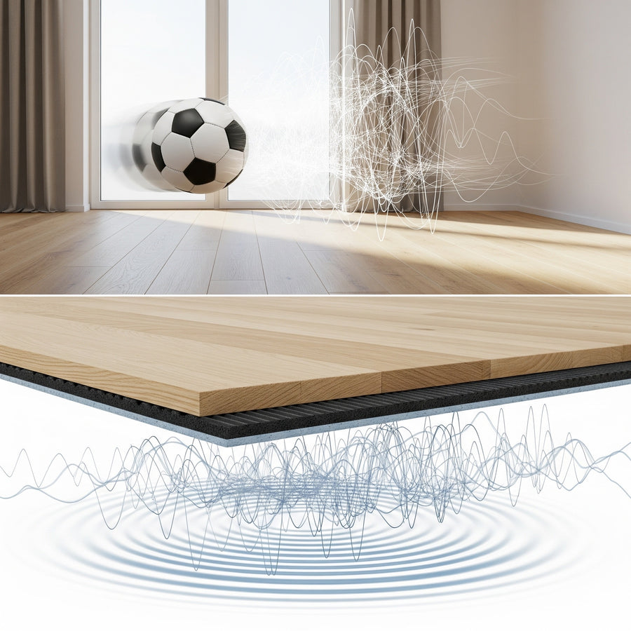 3mm Acoustic Soundproof Underlay – Rubber Sheet for Flooring & Impact Noise | Noise Reduction Up to 54dB: An illustration showing its layered structure and vibration damping capabilities beneath hardwood floors, providing effective sound insulation.