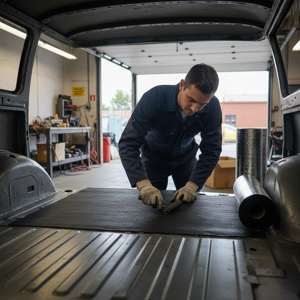 Man in coveralls applying Premium Sound Deadening and Insulation Kit for Medium Vans - Easy Peel & Stick Installation with Heat Regulation, enhancing acoustic insulation and noise reduction in van's interior.