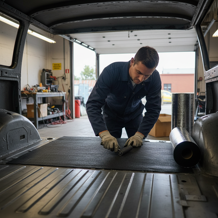 Man in coveralls applying Premium Sound Deadening and Insulation Kit for Medium Vans - Easy Peel & Stick Installation with Heat Regulation, enhancing acoustic insulation and noise reduction in van's interior.