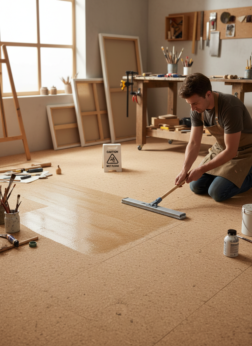 Man applying finish to Premium Natural Cork Flooring - 600mm x 300mm Tiles, 4mm thick, offering 1.98m² coverage, emphasizing comfort, sound dampening, and noise reduction amidst art tools and woodworking materials.