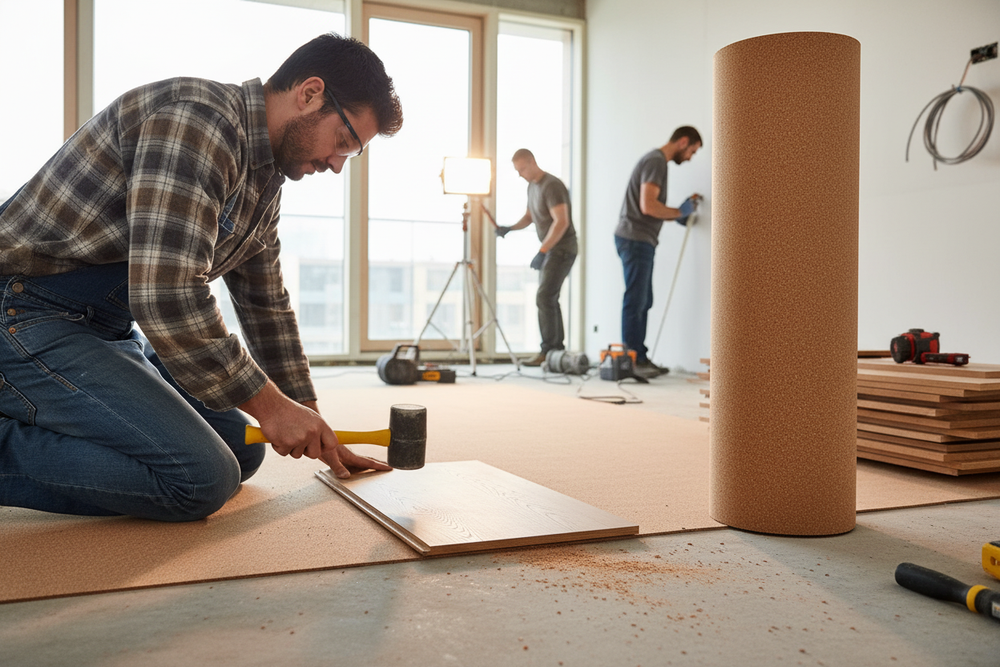 Man installing Premium Natural Cork Underlay Roll - 4m x 1m - Versatile Thickness Options for Laminate Flooring and More on subfloor. Acoustic solution for noise reduction and soundproofing, ideal for home renovations.