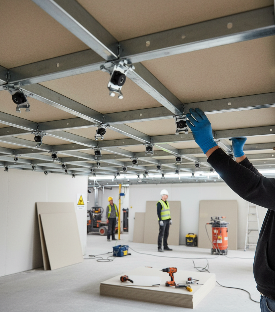 Premium Acoustic Performance Mounts for Wall and Floor-Ceiling Assemblies - Box of 100, visible in an unfinished room. Blue-gloved hands adjust the mounts, featuring high-quality rubber and steel for optimal soundproofing and noise reduction.