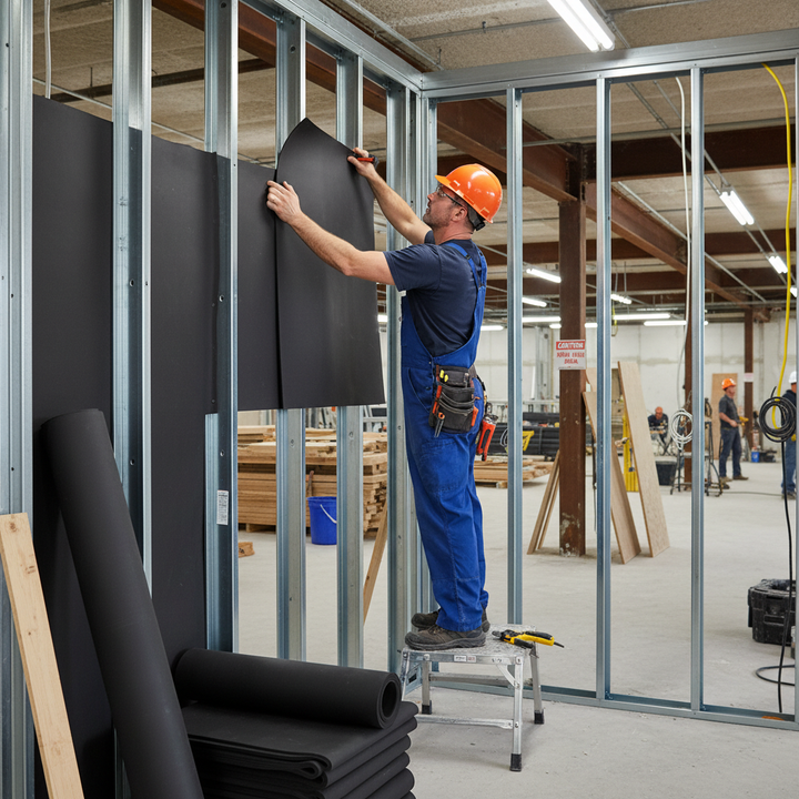 Tradesman fitting Professional High-Performance Mass Loaded Vinyl Acoustic Barrier Mat for Automotive Use, highlighting its flexibility and soundproofing features, against a metal stud wall on a construction site.