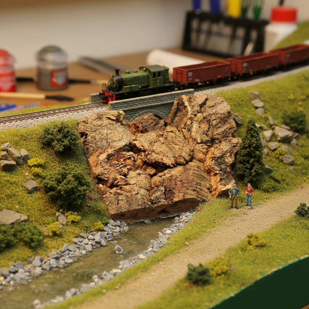 Premium Extra Large Cork Bark for Model Railways - 100mm x 100mm, showcased as a detailed rock face in a diorama with a creek and bridge, ideal for creating realistic, soundproof, acoustic model landscapes.