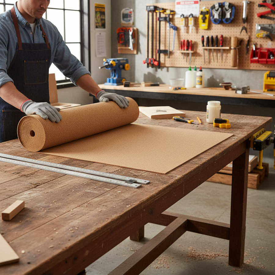 Woodworking shop scene with a craftsman unrolling the Premium Fine Grain Large Cork Roll 2m x 1m - 8mm Thick for Interior Walls, ideal for soundproofing and acoustic applications, enhancing noise reduction and vibration damping.
