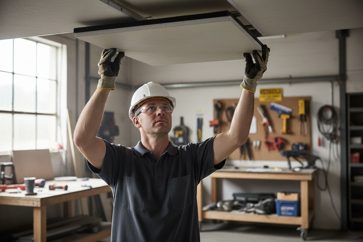 Tradesperson installs Premium Acoustic Tile for Sound Reduction 600mm x 1200mm in a workshop, showcasing high-performance noise control for office and industrial use, with tools and equipment visible in the background.