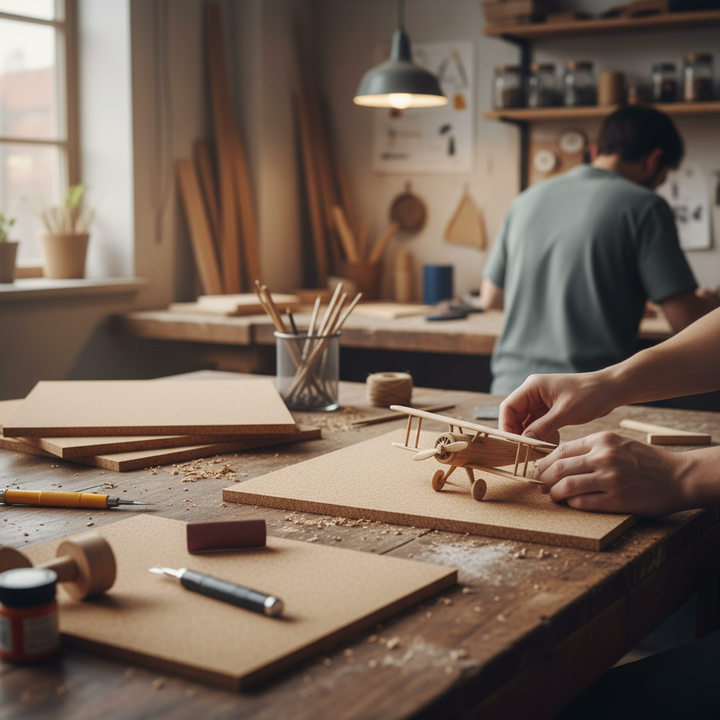 Premium Fine Grain Non-Adhesive Cork Sheets (610mm x 450mm, 10mm Thick, Pack of 4) on a workbench, ideal for acoustic insulation, soundproofing, and noise reduction in wall coverings and pinboards.