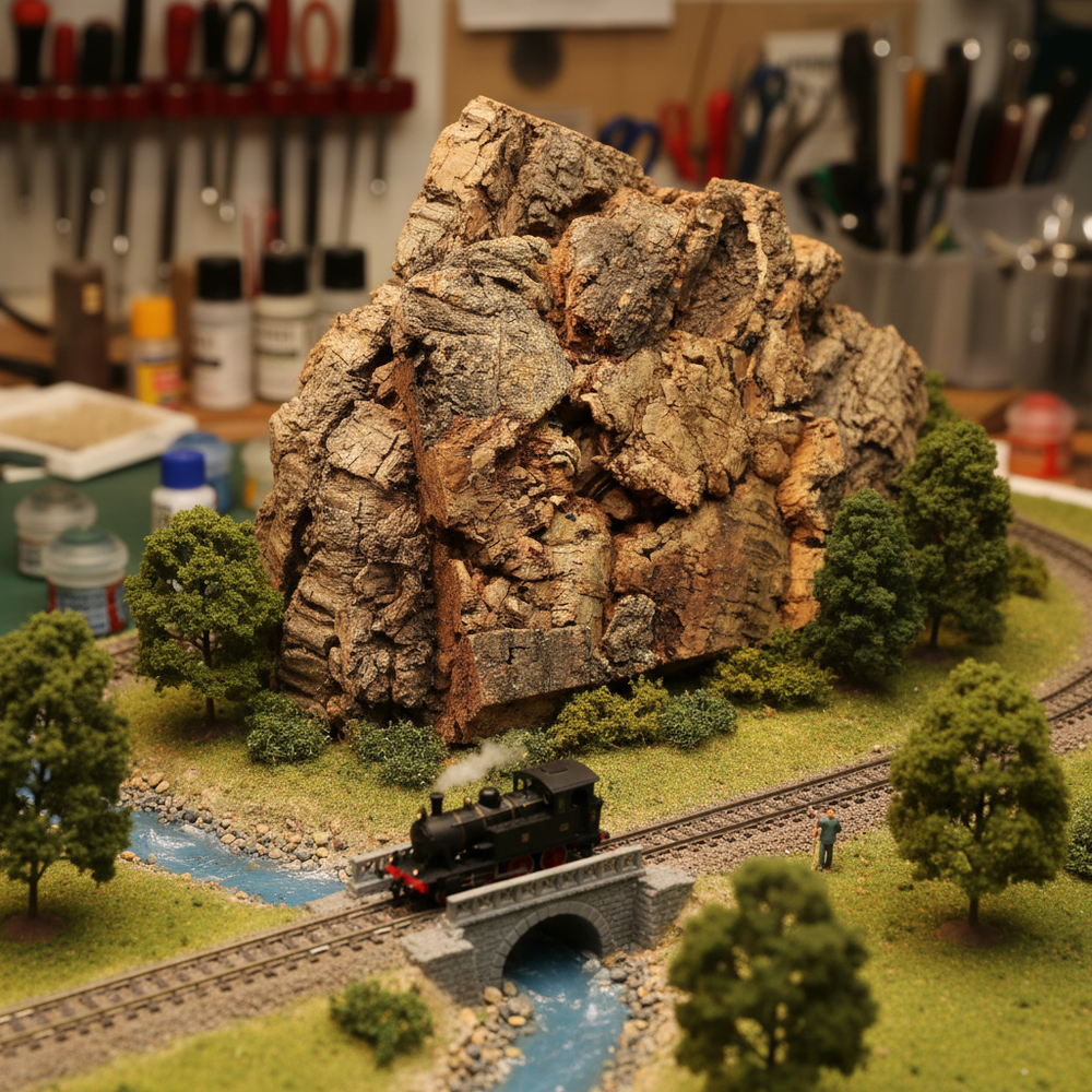 Premium Extra Large Cork Bark for Model Railways - 150mm x 150mm, Easy to Cut with Flat Back Surface, shown forming a mountain backdrop in a model train diorama, enhancing acoustic and vibration damping features.