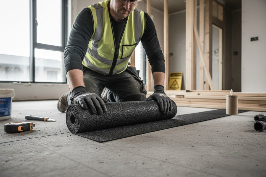 Worker in a high-visibility vest unrolls the Professional Heavy Duty Silentcloud Isolation Roll, a 6mm thick rubber mat, in a construction scene, enhancing acoustic insulation and soundproofing under wall tracks.