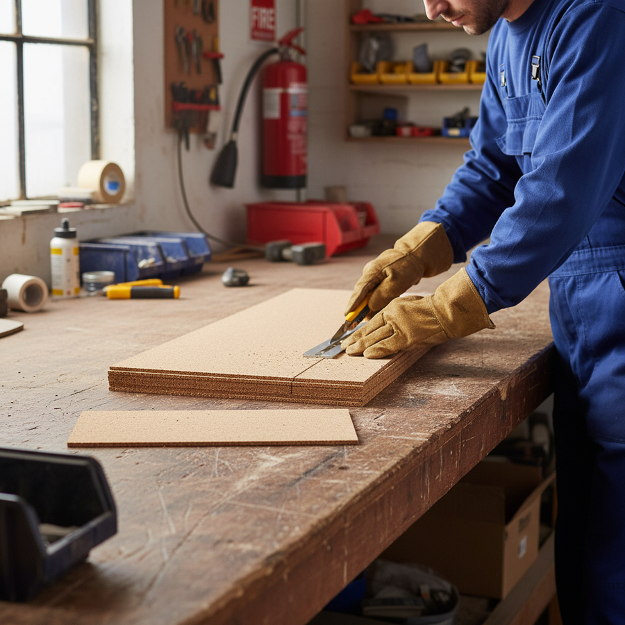 Person in blue coverall cutting Premium High Density Cork Rolls - Pack of 6, 915mm x 305mm, 2mm Thick for Underlay Applications, ideal for soundproofing and acoustic insulation, on a workshop bench.