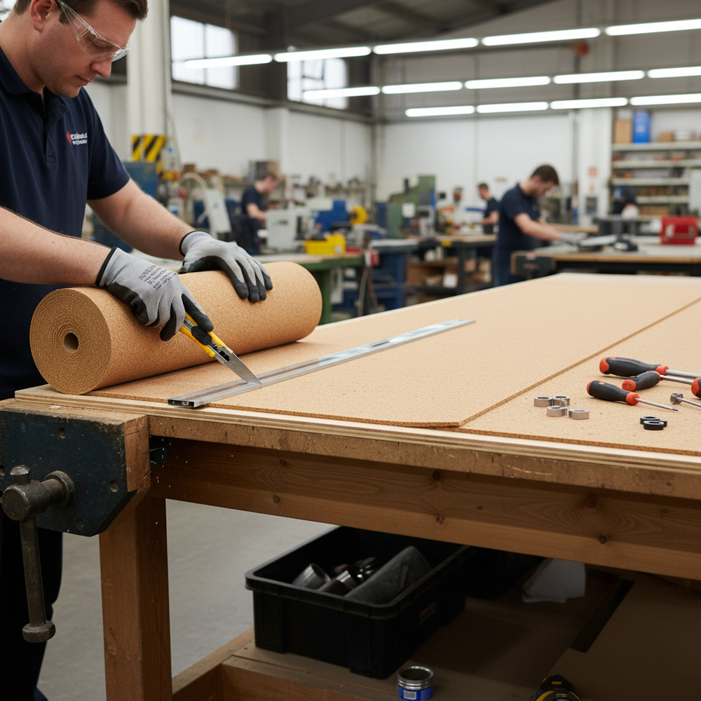 Worker cutting Premium Fine Grain Large Cork Roll 100 Meter x 1.22 Meter - 1mm Thick for Coaster Backing at a workshop, ideal for acoustic insulation, soundproofing, and vibration damping applications.