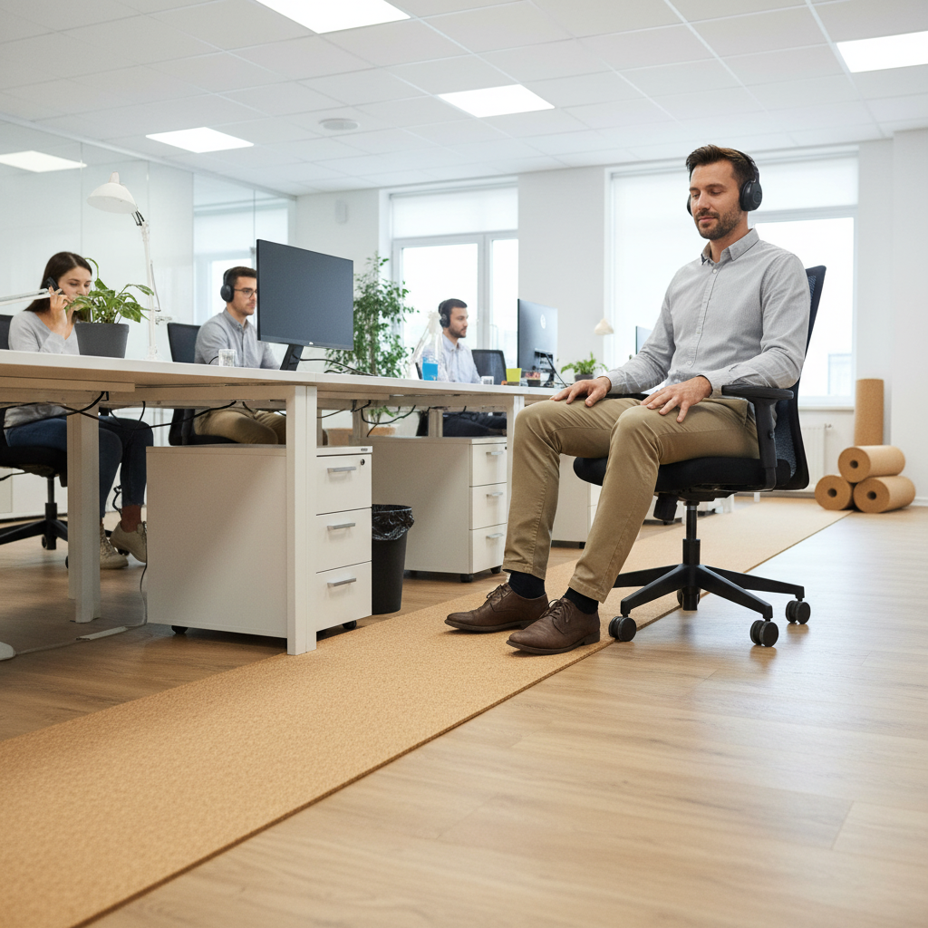Man meditating in a modern office, showcasing the Premium Large Cork Roll 5m x 1m - 10mm Thick Natural Cork, ideal for soundproofing and acoustic insulation in interior wall applications.