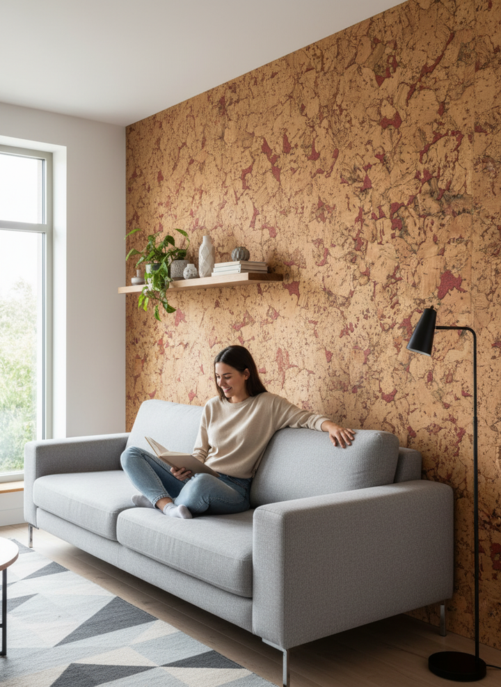 Person reading on a sofa against a feature wall showcasing Premium Red Patterned Wall Tiles 600mm x 300mm - 3mm Thick, 1.98m2 Coverage in Each Pack, enhancing acoustic insulation and noise reduction.