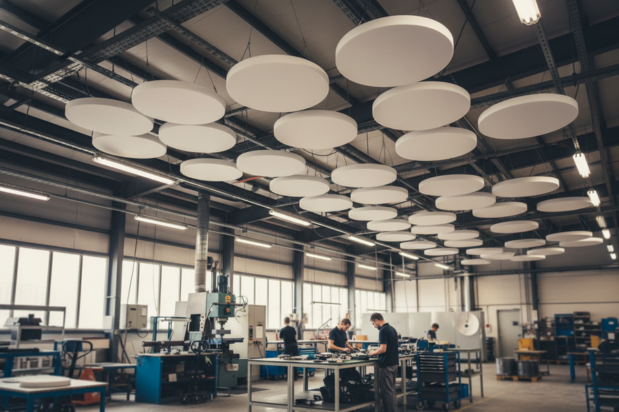 Premium Acoustic Ceiling Panel - White Circle Design for Noise Reduction, shown suspended in an industrial workshop, highlighting its soundproofing and aesthetic enhancement capabilities for schools, cafes, and offices.