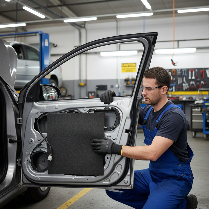 Auto technician applying a Premium Self-Adhesive Flexible Foam Liner 12mm Sheets for Vehicle Insulation and Sound Absorption, enhancing soundproofing and noise reduction in a car door.
