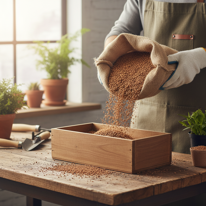 Person in gardening gloves pours Premium Heavy Duty Cork Granules - 12 Litres, 2-3mm Granule Size, 55-65kg/m³ Density, perfect for soundproofing and acoustic insulation, into a wooden planter indoors.
