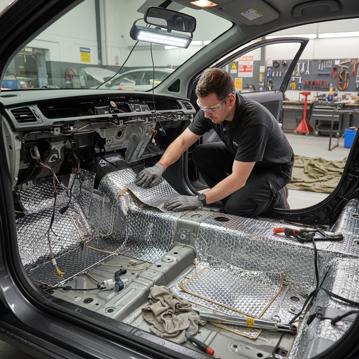 Technician installing Premium Sound Deadening Vibration Damper - 20 Sheets of High Grade Butyl with Hex Embossing for Easy Installation; soundproof mats being applied for acoustic noise reduction and vibration damping in vehicle.