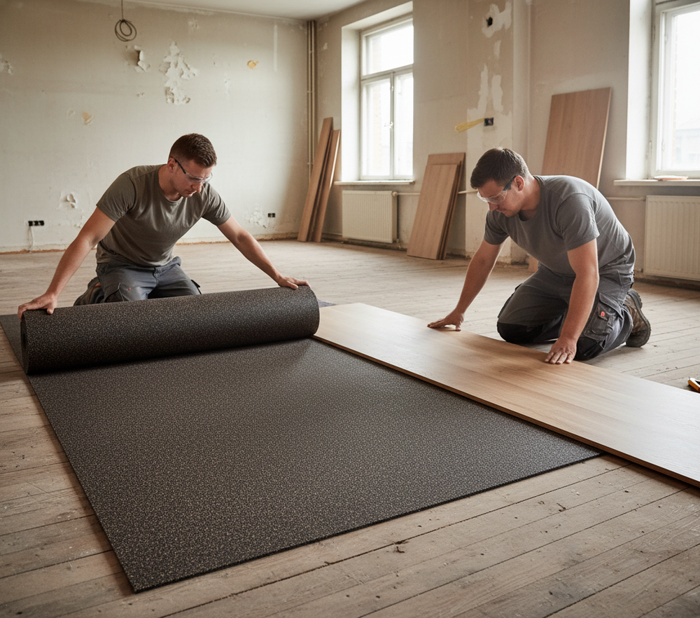 Two men installing Premium 5mm Acoustic Isolation Matting for Impact Sound Reduction. The matting, unrolled on the floor, enhances soundproofing, acoustic comfort, and noise reduction in high mass structures.