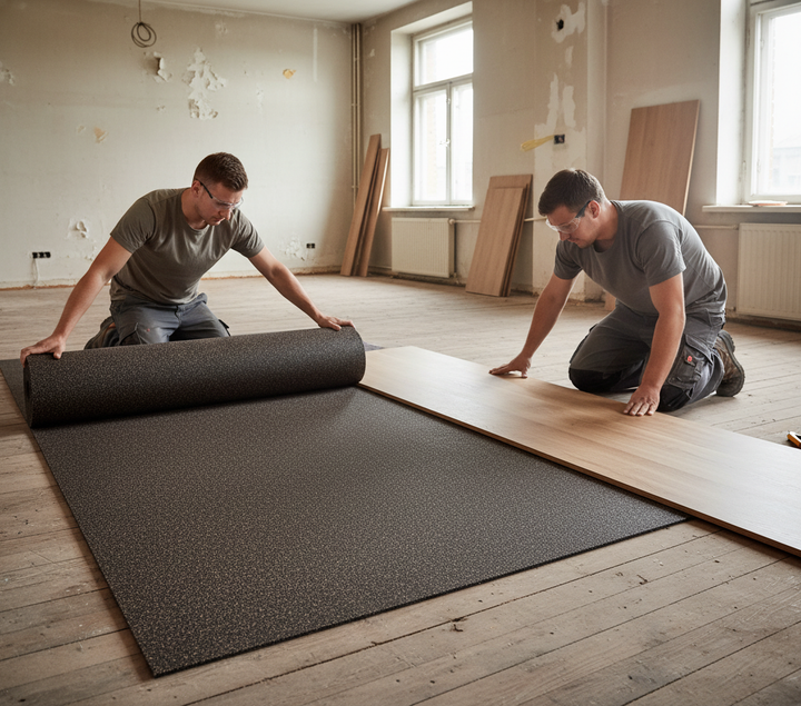 Two men installing Premium 5mm Acoustic Isolation Matting for Impact Sound Reduction. The matting, unrolled on the floor, enhances soundproofing, acoustic comfort, and noise reduction in high mass structures.