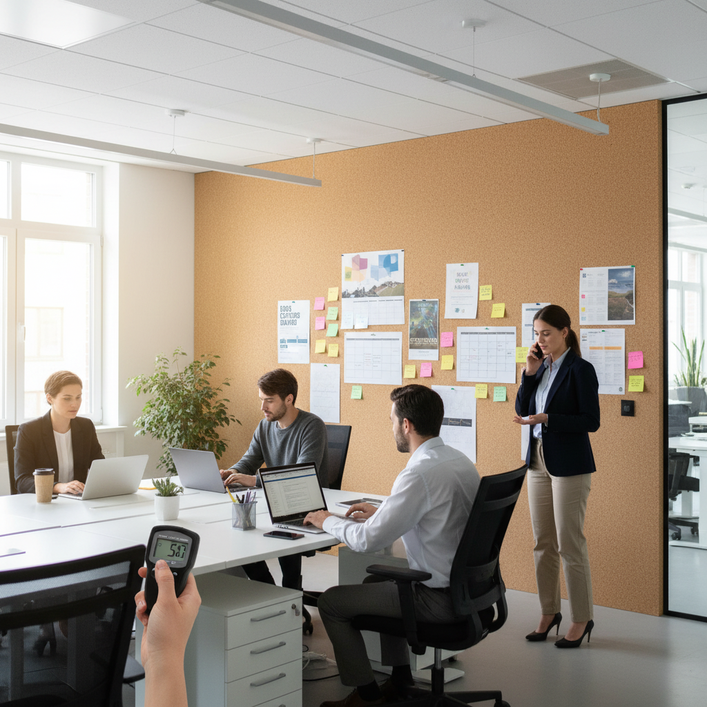 Premium Fine Grain Large Cork Roll - 6m x 1m, 3mm Thick for Interior Walls, showcased in a busy office with corkboard wall, ideal for soundproofing, acoustic insulation, and noise reduction.