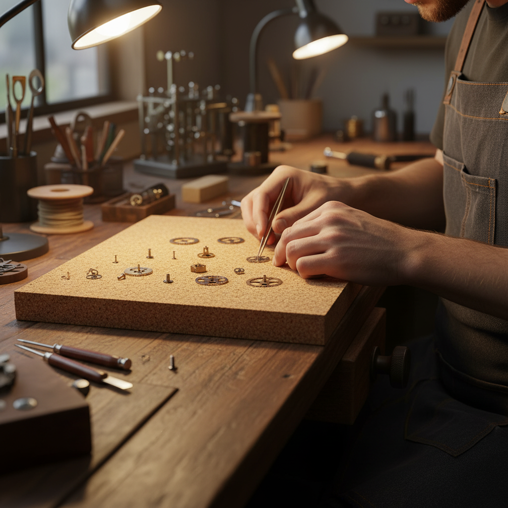 Premium Non-Adhesive Cork Sheet 220mm x 190mm lies on a craftsman’s workbench, surrounded by watchmaker tools, showcasing its versatility for soundproofing, acoustic projects, and precise noise reduction applications.