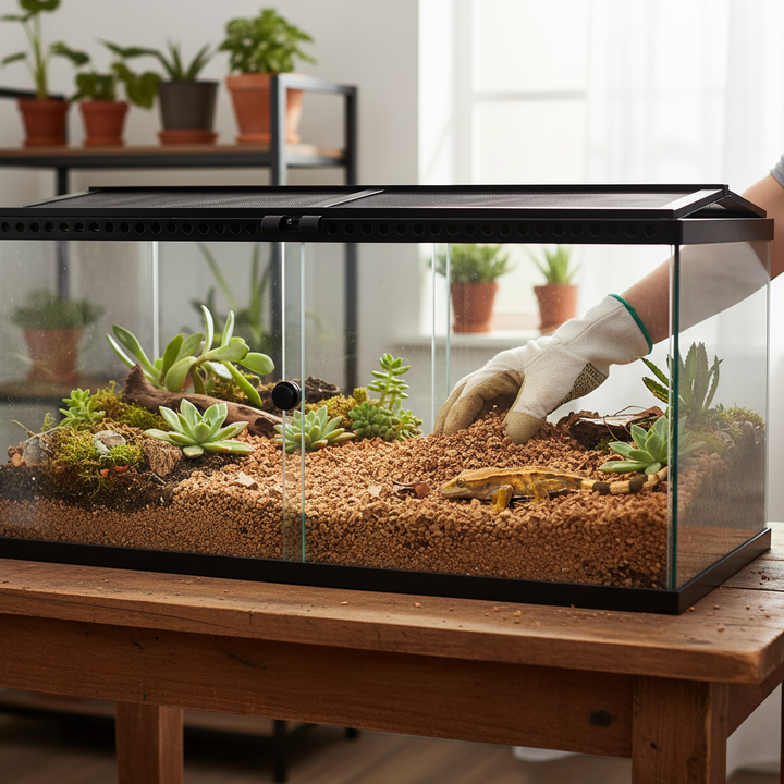 Premium High-Performance Cork Granules 12 Litres - 3-7mm Size, 65-75kg/m³ Density for Construction and Sports Applications, shown in a terrarium setup with succulents and a gecko, illustrating noise reduction and sound insulation potential.