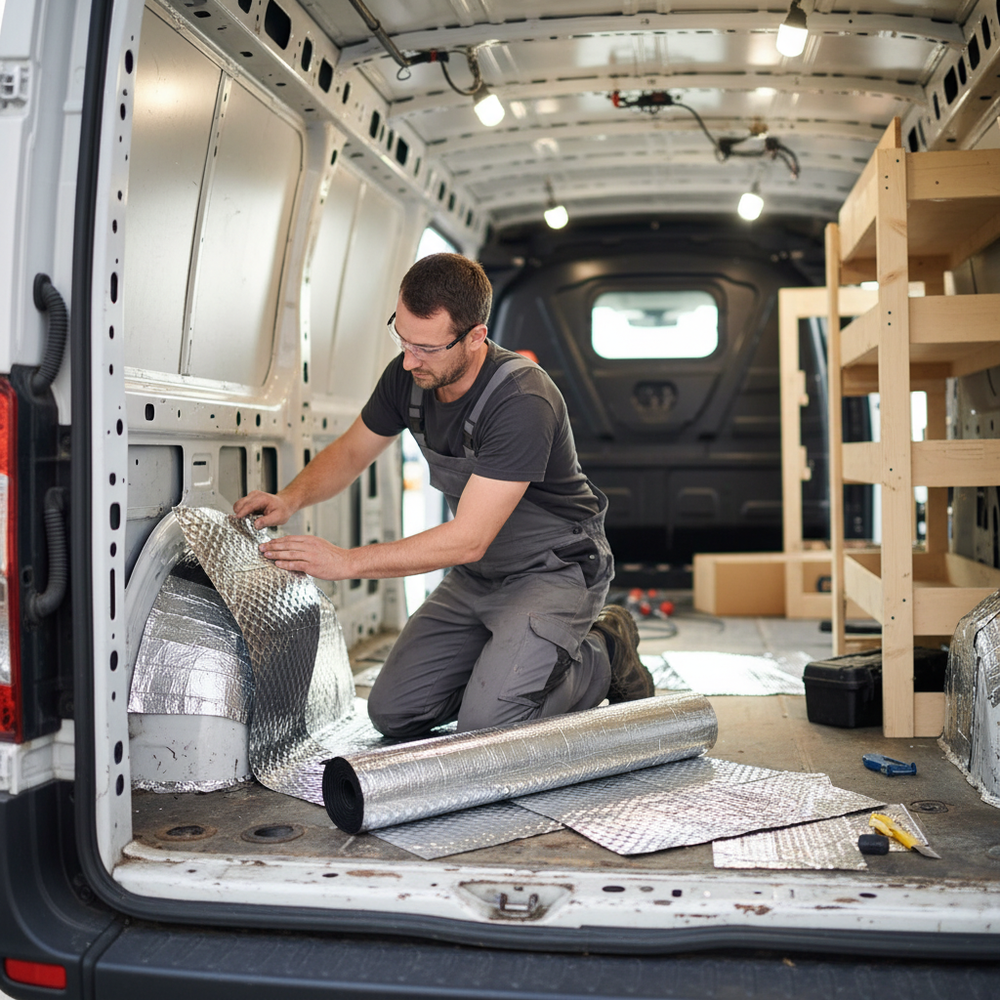Tradesman installing Premium Sound Deadening and Insulation Kit for Small Vans, showcasing soundproof, acoustic, and vibration damping applications around wheel well, emphasizing easy peel and stick installation for noise reduction.