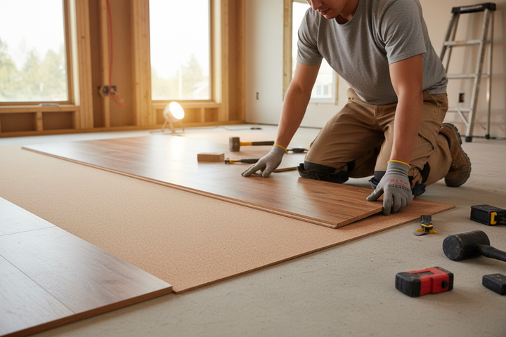 Tradesperson installing wood-grain planks over Premium Natural Cork Roll - 10m x 1m x 8mm Thick Underlay, ideal for soundproof and acoustic flooring applications, surrounded by tools in a renovation setting.