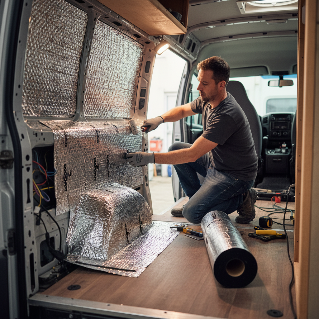 Man installing Premium Campervan Sound Deadening and Insulation Kit for Enhanced Comfort and Noise Reduction, using foil-faced insulation and hand tools to soundproof a van's interior for acoustic improvement.