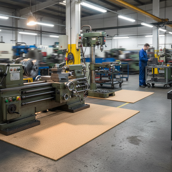 Premium High Density Cork Rolls - 915mm x 610mm - 4mm Thick - Pack of 3 for Train Track Underlay, ideal for soundproofing and acoustic insulation, seen in an industrial workshop with machinery in the background.
