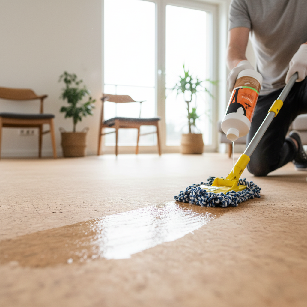 Person cleaning a wood floor with Premium pH Neutral Cork Floor Daily Cleaner - 1L, showcasing its soundproofing and noise reduction benefits, ideal for maintaining acoustic-friendly surfaces in sound insulation environments.