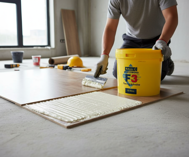 Person applying Premium Heavy Duty Adhesive for Rubber Acoustic Flooring - 5L Coverage for 15m², enhancing soundproofing. Yellow Ball Styccobond F3 bucket and tools visible, indicating installation in progress.