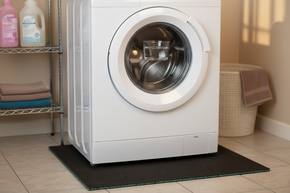 Premium Acoustic Washing Machine Mat - 600mm x 600mm x 15mm for Noise Reduction Under Appliances, shown under a washer, reducing vibrations in a tiled laundry area with surrounding laundry essentials.