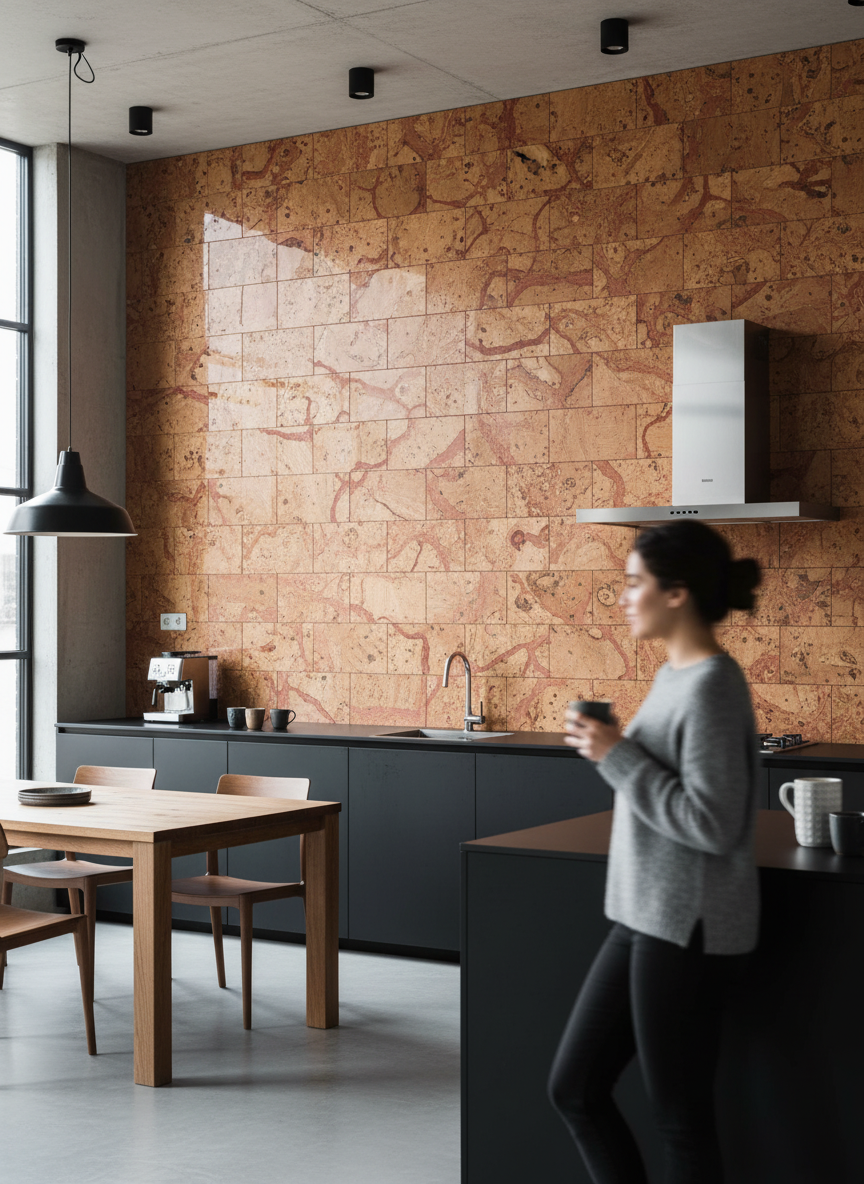 Premium Red Wall Tiles - 600mm x 300mm, 3mm Thick, 1.98m2 Coverage - Pack of 11 Tiles for Elegant Interior Design, featured behind a sleek kitchen setup, showcasing modern aesthetics with acoustic benefits.