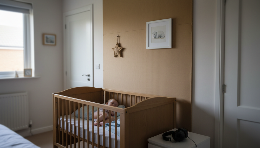 Premium High-Performance Sound Insulation Board for Effective Noise Reduction and Thermal Mass Management, shown enhancing a nursery's tranquility with its soundproof, acoustic capabilities, ensuring peaceful sleep for the infant.
