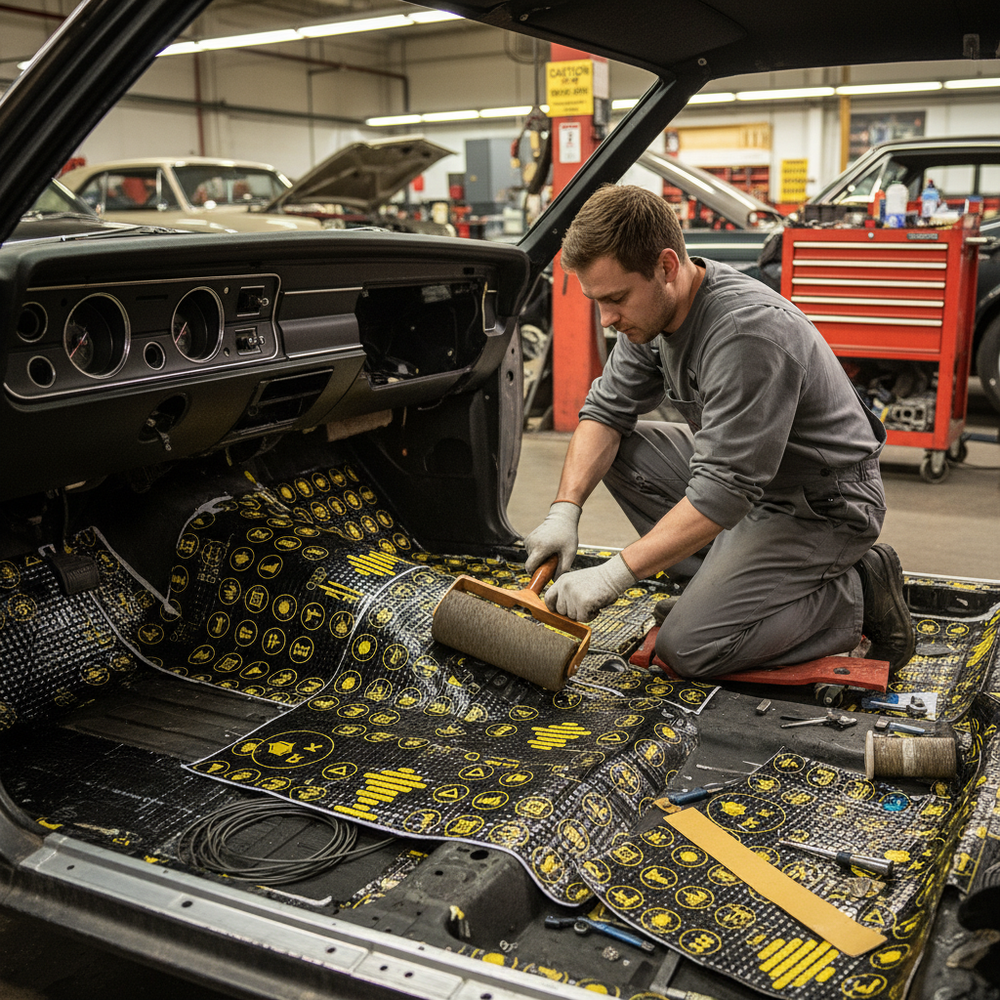 Technician installing Premium Professional Deadening Mats 2mm Thickness for Noise and Vibration Reduction - 2.96sq.m Coverage Pack in a classic car interior, emphasizing soundproofing and acoustic insulation for vehicle floors.