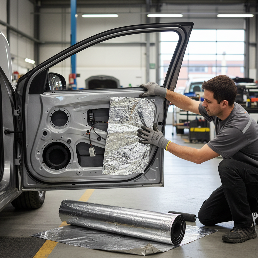 Technician applying Professional 15mm High-Performance Van Insulation with Reinforced Aluminium Foil for Enhanced Heat and Sound Control - 5m x 1m Roll, showcasing soundproofing and acoustic noise reduction in workshop setting.