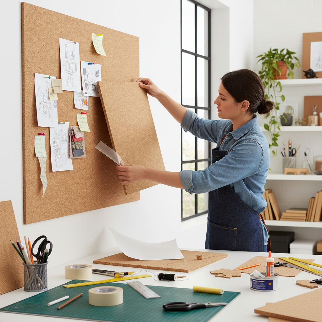 Woman arranging Premium Fine Grain Adhesive Cork Sheet - 915mm x 610mm - 2mm Thick - Pack of 2 on studio wall, featuring sketches and fabric swatches. Ideal for soundproof pinboards and acoustic wall coverings.