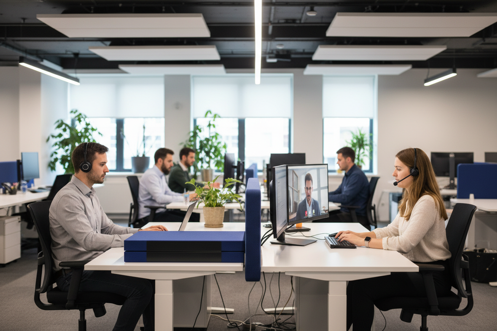 Premium Office Desk Absorber installed between workstations, effectively reducing noise. Two colleagues work at computers with headsets, highlighting soundproof and acoustic benefits for industrial and commercial noise reduction.
