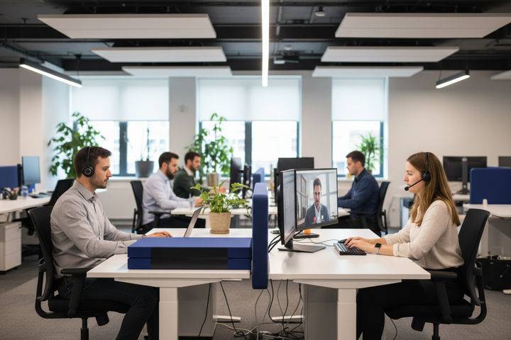 Premium Office Desk Absorber installed between workstations, effectively reducing noise. Two colleagues work at computers with headsets, highlighting soundproof and acoustic benefits for industrial and commercial noise reduction.