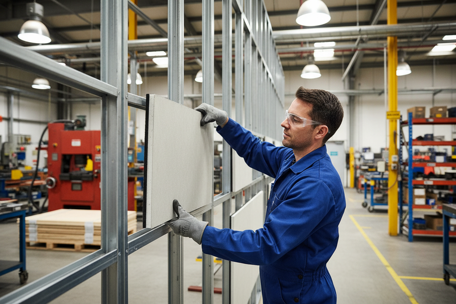 Man in industrial workshop fitting rectangular panels into a metal frame, showcasing Premium Acoustic Tile for Ceiling Sound Reduction. Ideal for noise control in offices, offering soundproof and acoustic insulation solutions.