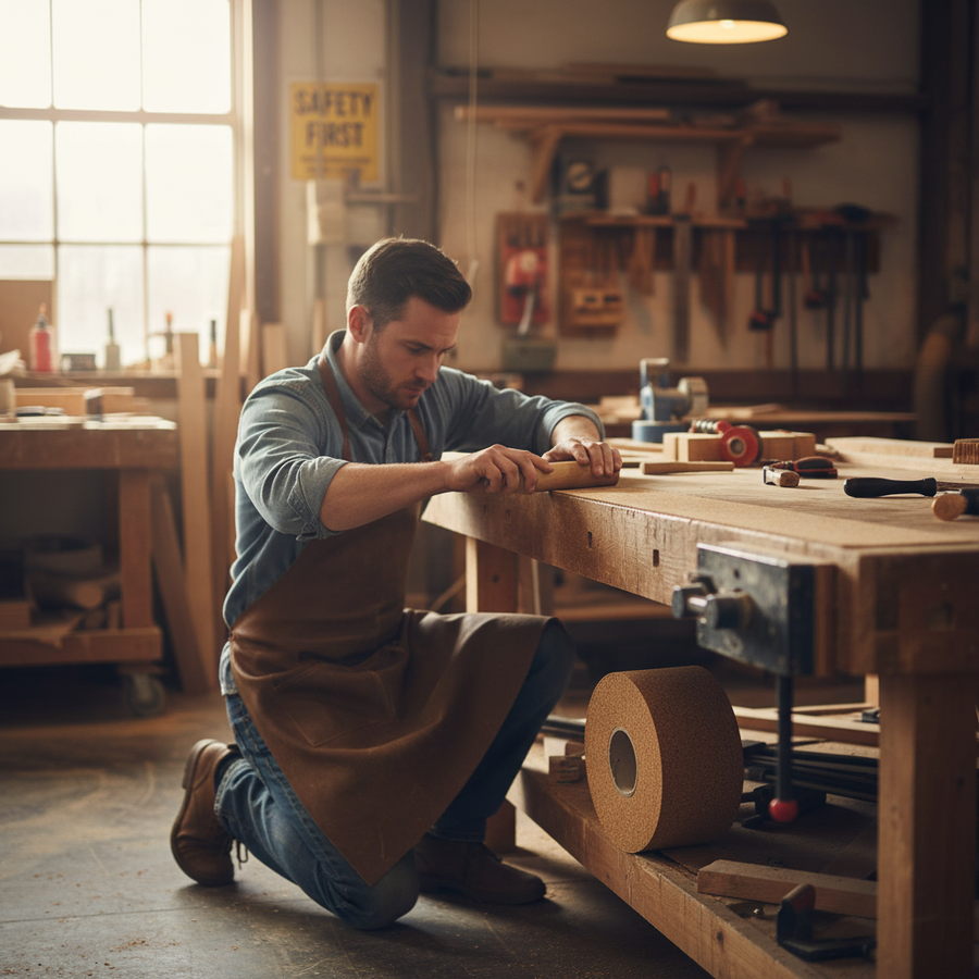 Bearded craftsman in workshop with Premium Large Fine Grain Cork Roll, 10m x 100mm, showcased for its versatility in acoustic insulation and soundproofing, ideal for noise reduction and vibration damping.