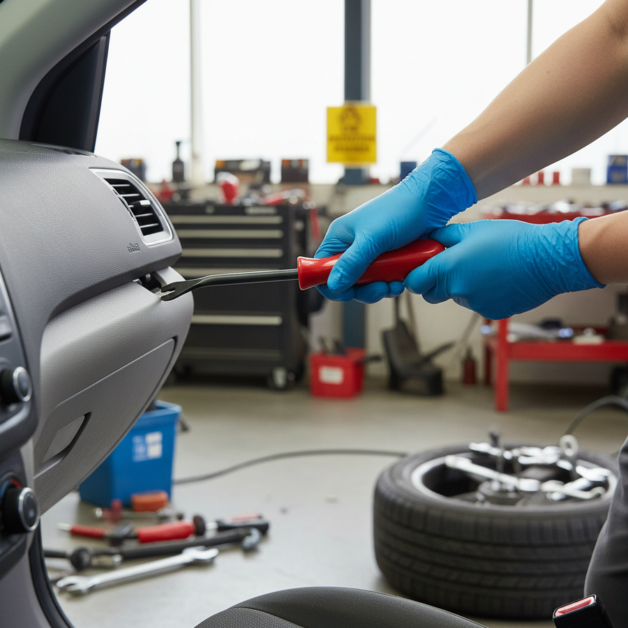 Blue-gloved hands use the Premium Door Card Panel Remover with Drop Forged Steel and Solid Vinyl Handle for Quick Plastic Fastener Removal, ideal for soundproofing tasks and acoustic insulation installation in vehicles.