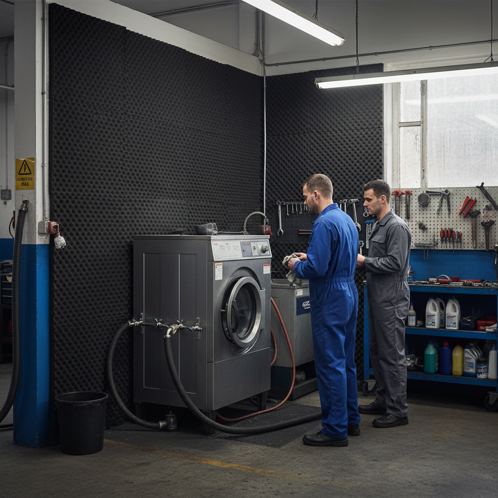 Premium Sound Absorber 35mm Foam Sheet showcased in a workshop setting, highlighting its use in reducing high-frequency noise and echo control. Seen alongside industrial equipment, emphasizing its role in soundproofing and acoustic insulation.