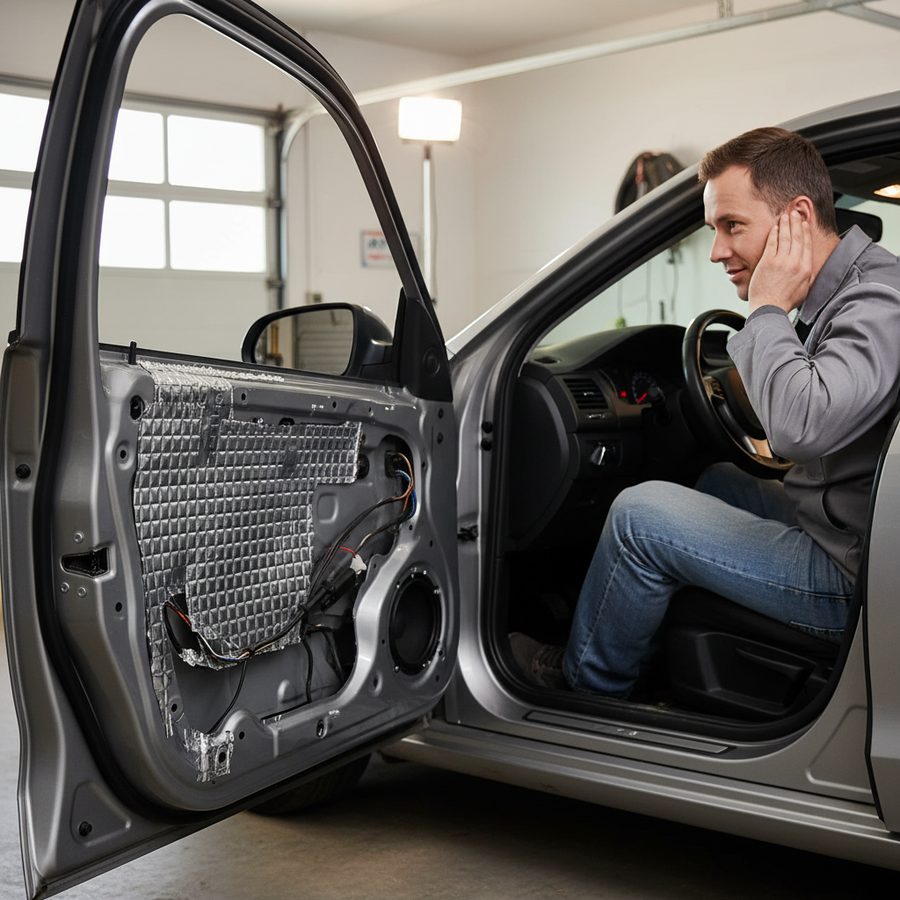 Man diagnosing a car door with the interior panel removed, showcasing the Premium Sound Deadening Mat - 2mm Thickness, 2.96sq.m Coverage, Self-Adhesive with Aluminium Foil Reinforcement for soundproofing and acoustic enhancement.