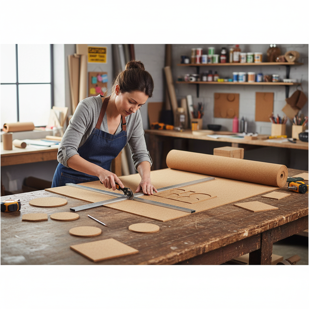 Woman using rotary cutter on Premium Fine Grain Large Cork Roll 3m x 1m - 4mm Thick for Interior Walls, ideal for soundproofing, acoustic insulation, noise reduction, and vibration damping in studio settings.